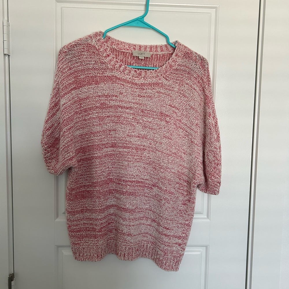 LOFT Pink and White Crew Neck Sweater